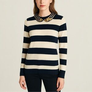GRYPHON NEW YORK Navy Stripe Wool Sweater With Metallic Peter Pan Collar
